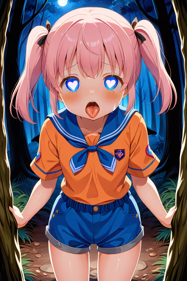 loli, cum face, front view, twin tails,pink hair, night forest, scout , orange shirt, blue shorts, looking_at_viewer, heart_shaped_pupils, sticking_out_tongue