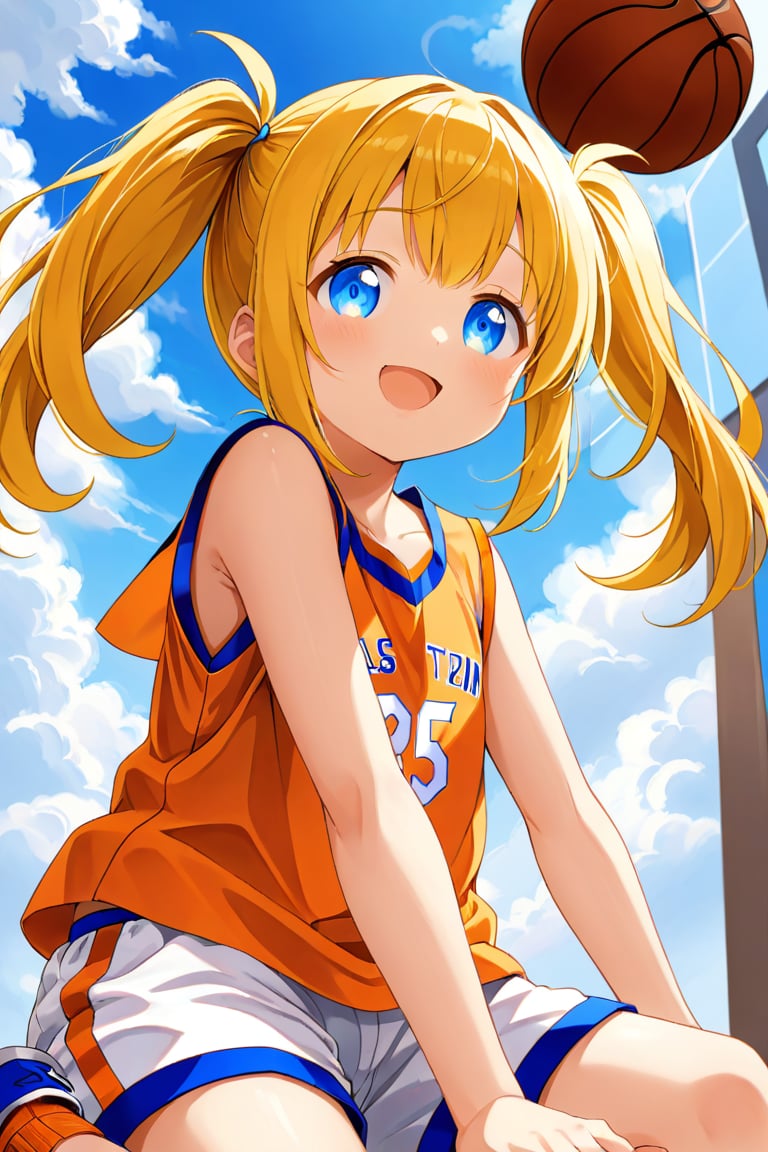 loli, happy_face, yellow hair, down_view, twin_tails, blue_eyes, basketball, orange shirt, white shorts, sitting_down