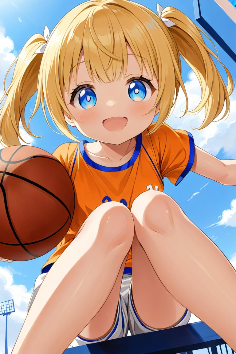 loli, happy_face, yellow hair, down_view, twin_tails, blue_eyes, basketball, orange shirt, white shorts, sitting_down