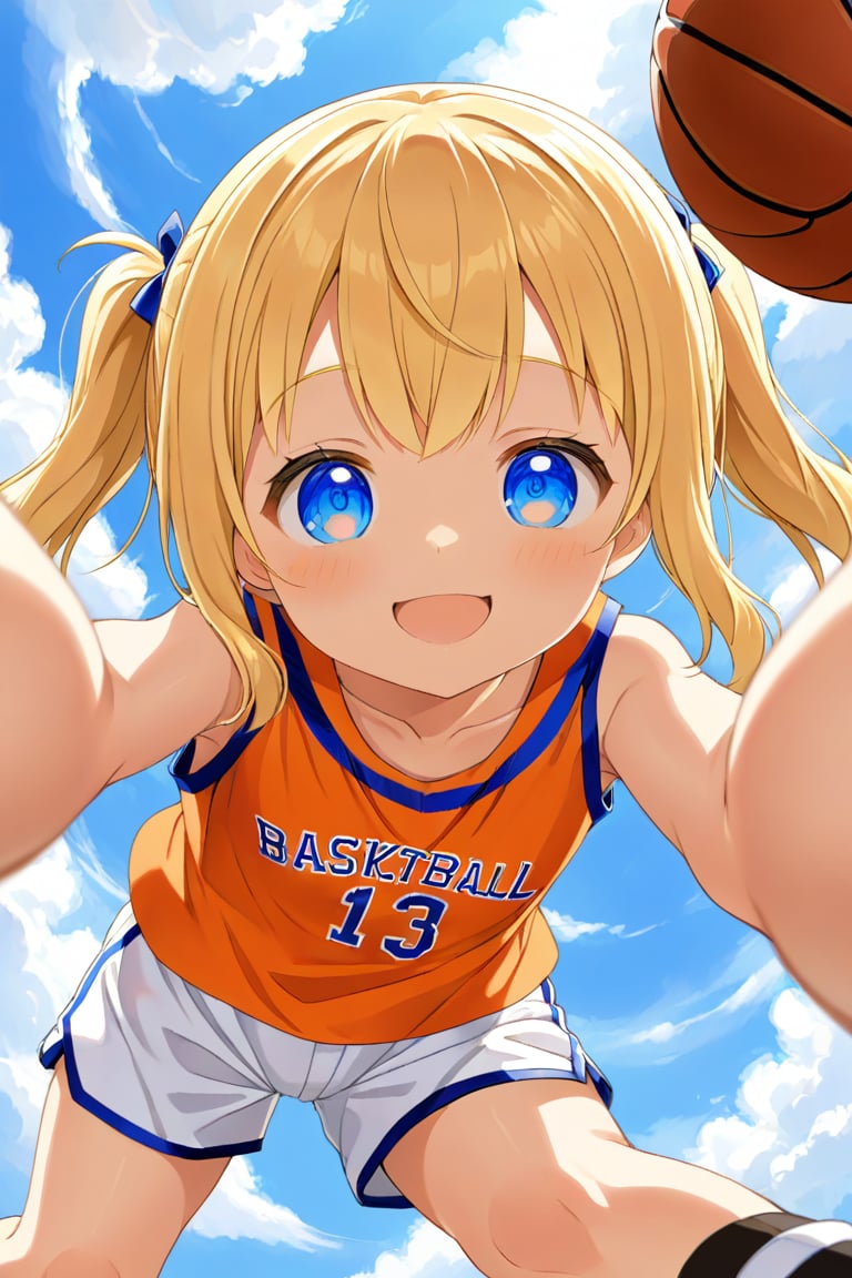 loli, happy_face, yellow hair, down_view, twin_tails, blue_eyes, basketball, orange shirt, white shorts, lying