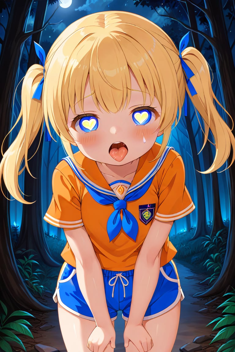 loli, cum face, front view, twin tails, yellow hair, night forest, scout , orange shirt, blue shorts, looking_at_viewer, heart_shaped_pupils, sticking_out_tongue