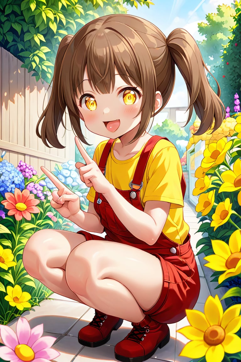 loli hypnotized, happy_face, yellow eyes, brown hair, side_view, twin_tails, flowers garden, yellow shirt, red overalls, squatting, sticking_out_tongue, peace fingers