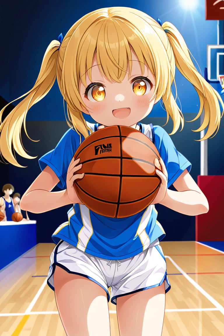 loli, happy_face, yellow hair, front_view, twin_tails, yellow_eyes, basketball, blue shirt, white shorts, 