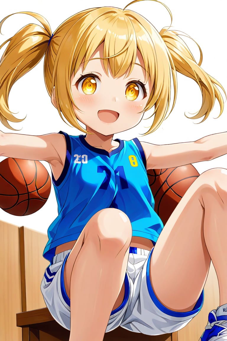 loli, happy_face, yellow hair, down_view, twin_tails, yellow_eyes, basketball, blue shirt, white shorts, jumping, sitting_down