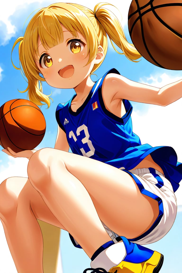 loli, happy_face, yellow hair, down_view, twin_tails, yellow_eyes, basketball, blue shirt, white shorts, jumping, sitting_down