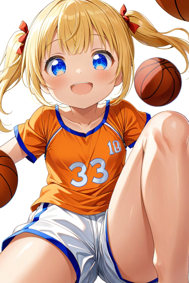 loli, happy_face, yellow hair, down_view, twin_tails, blue_eyes, basketball, orange shirt, white shorts, lying