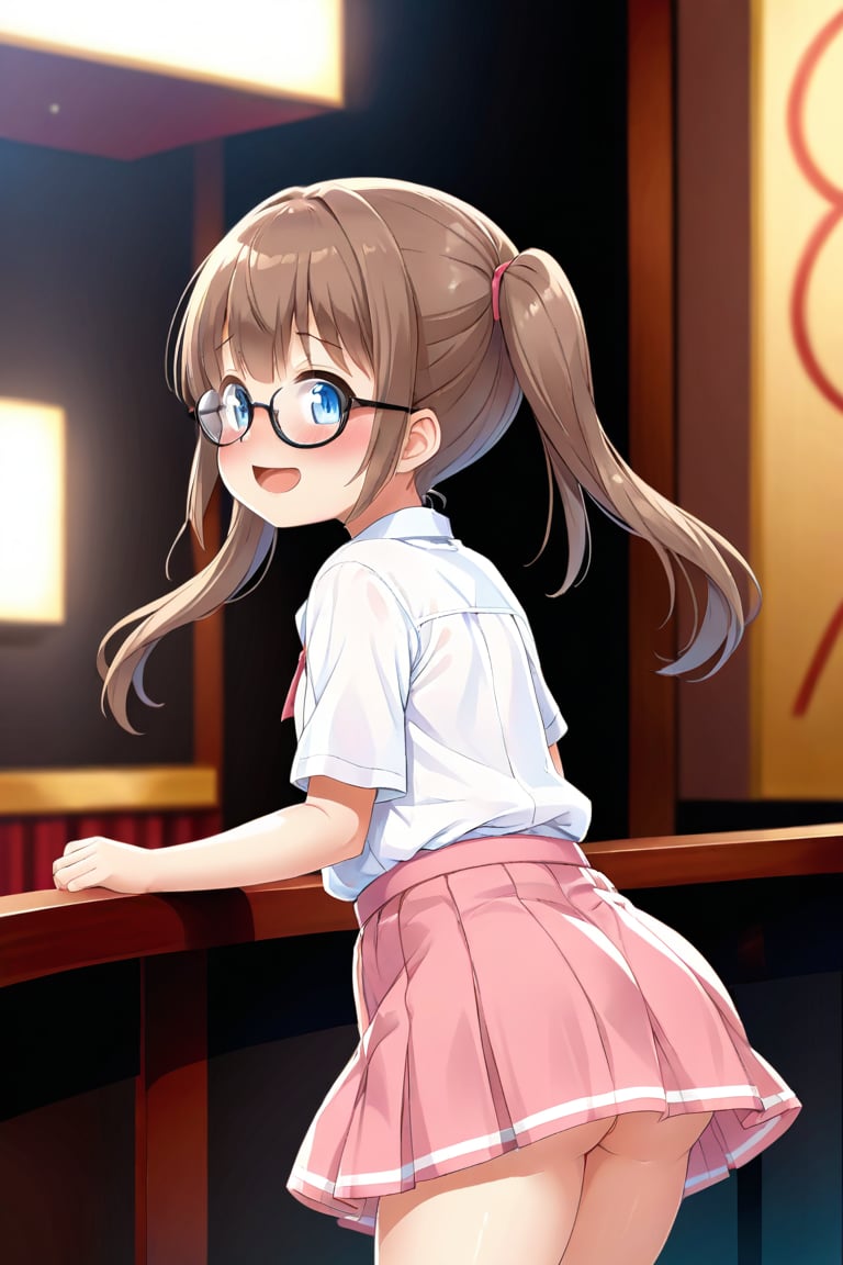 loli, brown hair, happy_face, side_view, twin_tails, blue_eyes, theather, white shirt, pink skirt, black glasses, ass_job