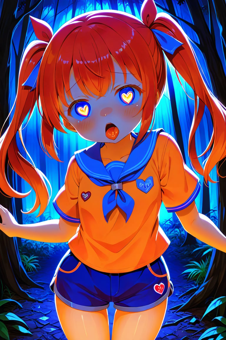 loli, cum face, front view, twin tails, red hair, night forest, scout , orange shirt, blue shorts, looking_at_viewer, heart_shaped_pupils, sticking_out_tongue