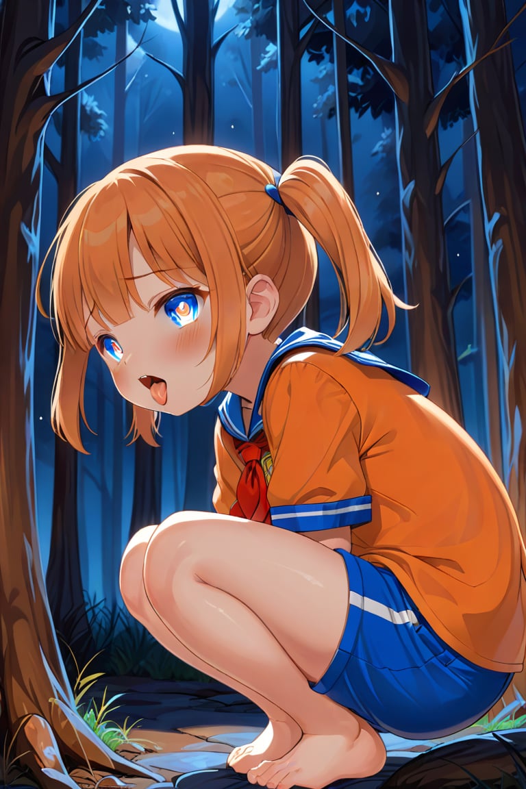 loli, cum face, sideview, twin tails, orange hair, night forest, scout , orange shirt, blue shorts, looking_at_viewer, heart_shaped_pupils, sticking_out_tongue, squatting