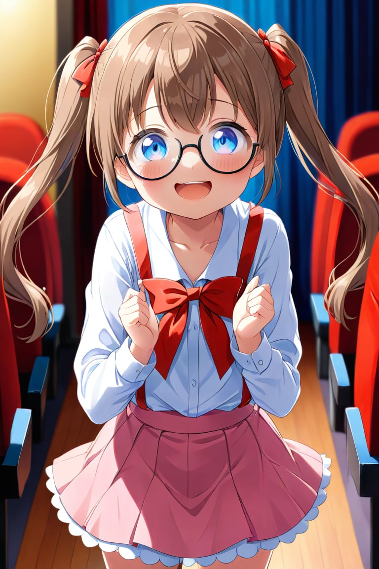 loli, brown hair, happy_face, front_view, twin_tails, blue_eyes, theather, white shirt, pink skirt, black glasses, lolling