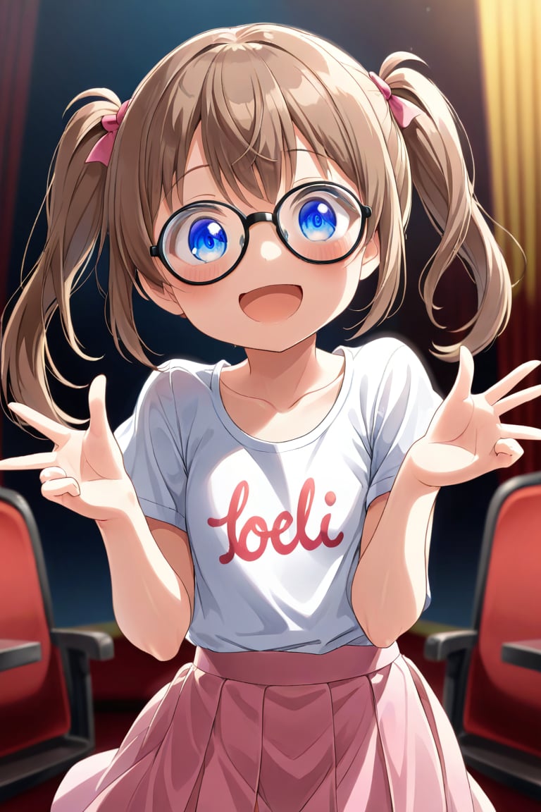 loli, brown hair, happy_face, front_view, twin_tails, blue_eyes, theather, white shirt, pink skirt, black glasses, lolling