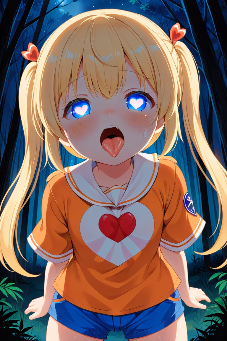 loli, cum face, front view, twin tails, yellow hair, night forest, scout , orange shirt, blue shorts, looking_at_viewer, heart_shaped_pupils, sticking_out_tongue