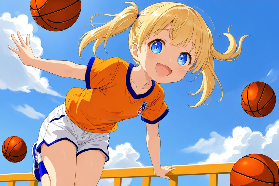 loli, happy_face, yellow hair, down_view, twin_tails, blue_eyes, basketball, orange shirt, white shorts, jumping