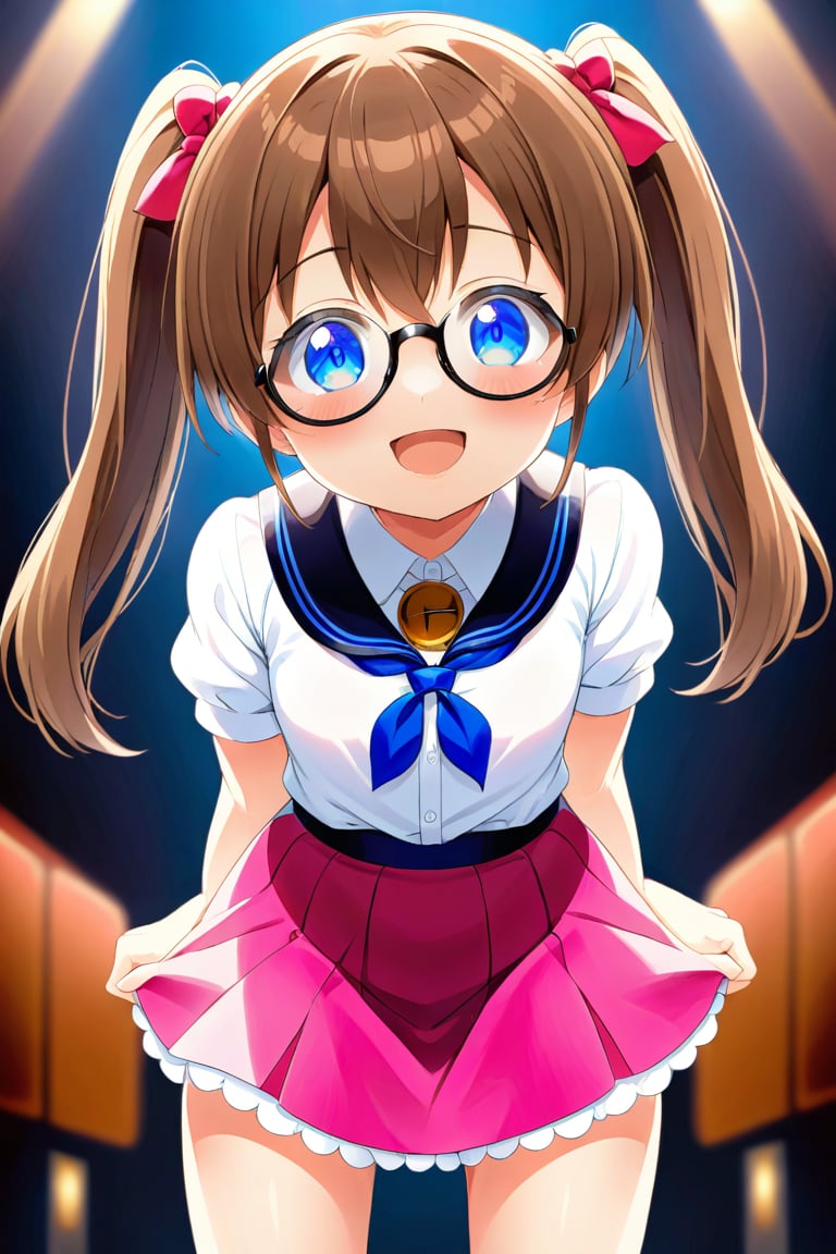 loli, brown hair, happy_face, front_view, twin_tails, blue_eyes, theather, white shirt, pink skirt, black glasses, doggy_style