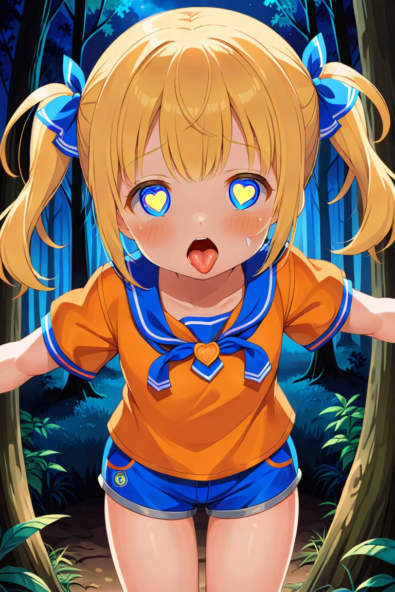 loli, cum face, front view, twin tails, yellow hair, night forest, scout , orange shirt, blue shorts, looking_at_viewer, heart_shaped_pupils, sticking_out_tongue