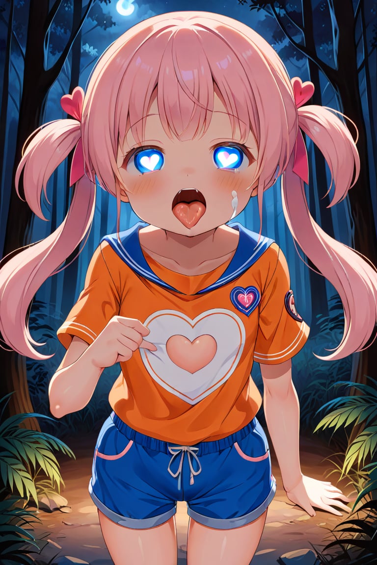 loli, cum face, front view, twin tails,pink hair, night forest, scout , orange shirt, blue shorts, looking_at_viewer, heart_shaped_pupils, sticking_out_tongue