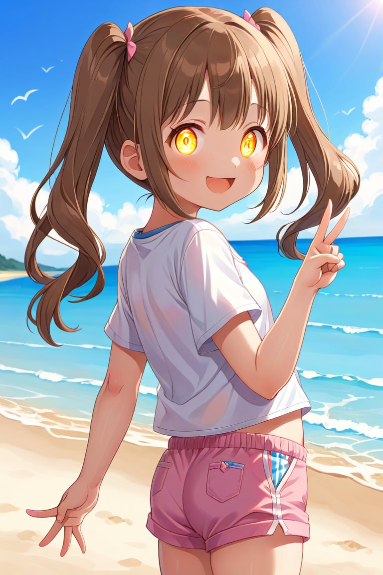 loli hypnotized, happy_face, yellow eyes, brown hair, side_view, twin_tails, beach, white shirt, pink short pants, peace fingers