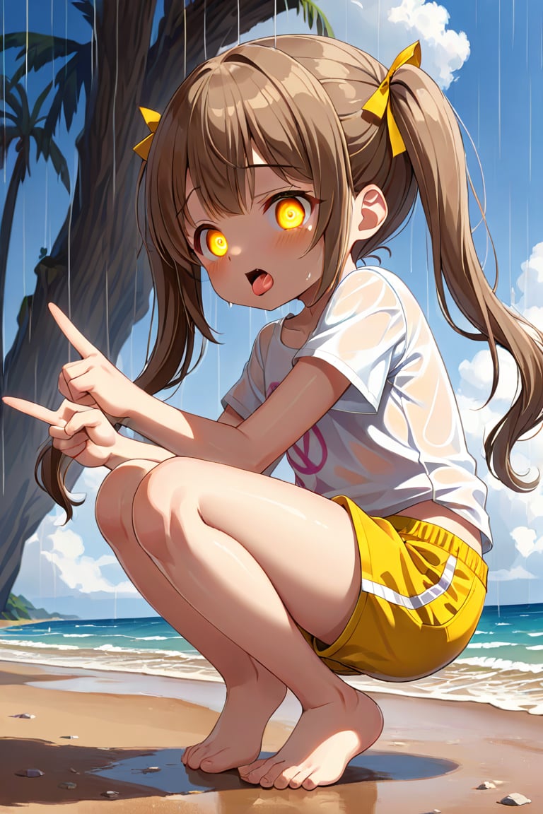 loli hypnotized, sad_face, yellow eyes, brown hair, side_view, twin_tails, rain beach, white shirt, yellow short pants, crouched, sticking_out_tongue, peace fingers