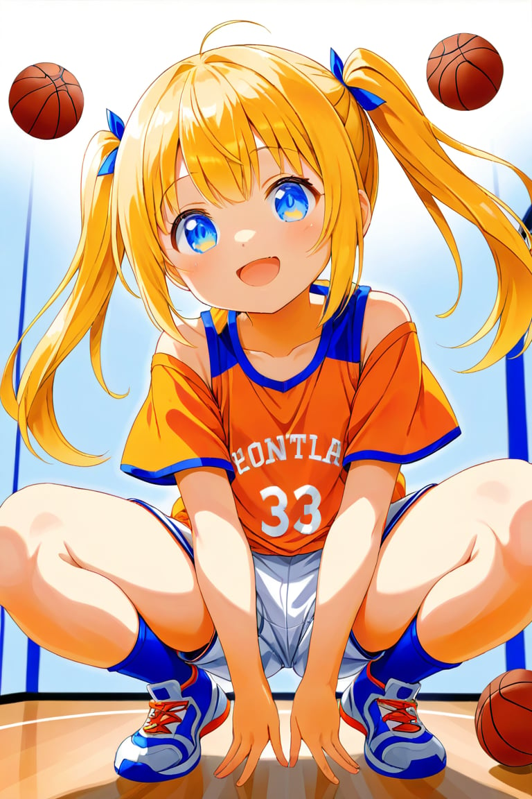 loli, happy_face, yellow hair, down_view, twin_tails, blue_eyes, basketball, orange shirt, white shorts, squatting