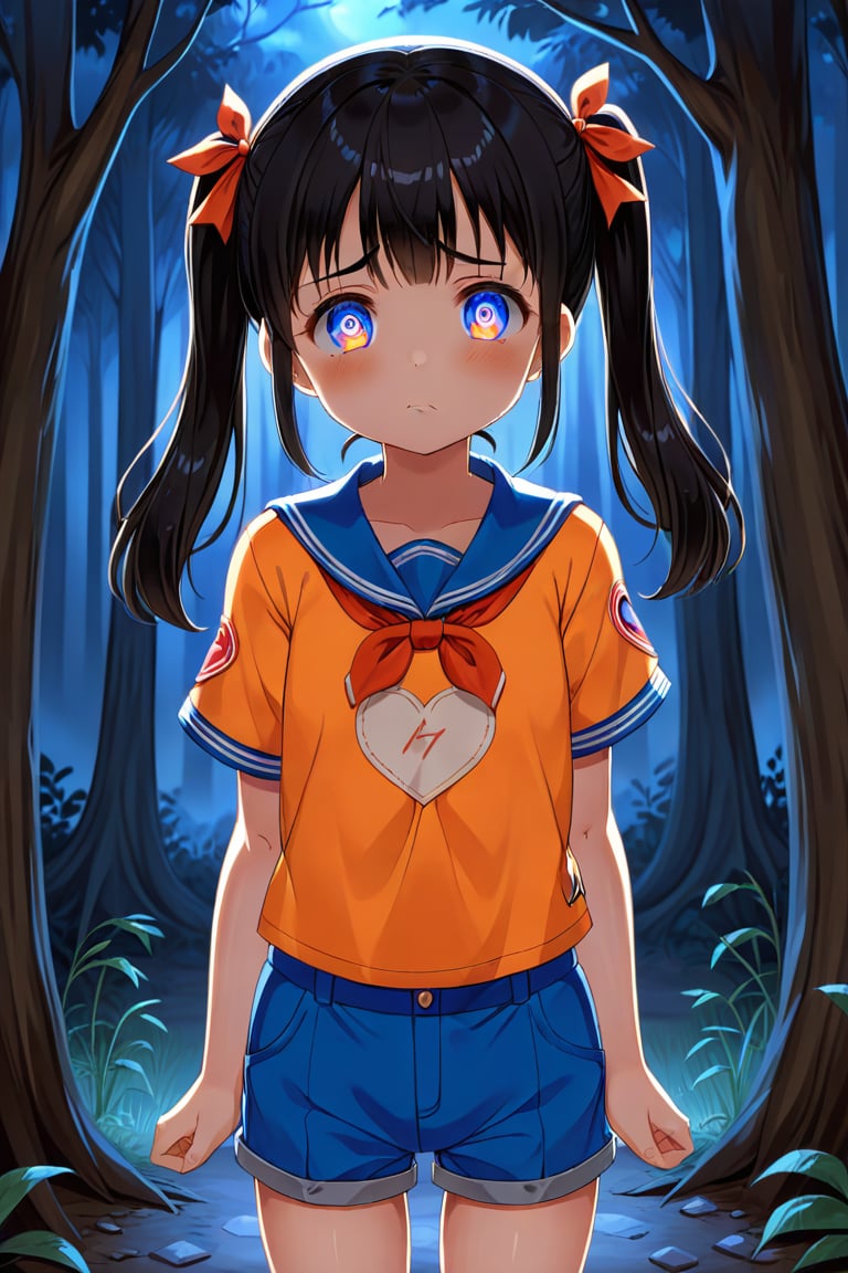 loli, sad face, front view, twin tails, black hair, night forest, scout , orange shirt, blue shorts, looking_at_viewer, heart_shaped_pupils, 