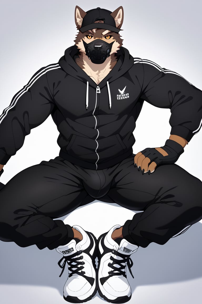 a furry brown wolf anthro muscular, wears an {#1a200e} color baseball cap, wears a black mask to cover his face, wears gloves black latex, wears an {#1a200e} color hoodie open with, wears marron leggings with a visible bulge, wears {#1a200e} color sneakers with black details, He has long slightly messy hair and bangs that cover his left eye, His sclera is yellow and his iris is green, He has a cold and murderous look, and poses on his haunches looking at the viewer.