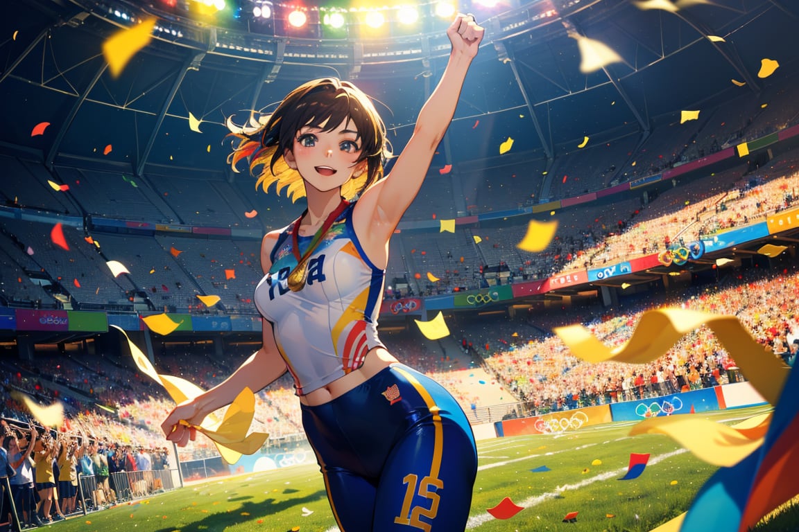 (Masterpiece, High Resolution, Anime Style:1.2), (Illustrated by Sakimichan:1.3), (1girl:1.2), (Olympic athlete:1.3), (holding golden medal:1.3), (triumphant smile:1.2), (athletic build:1.2), (detailed sports attire:1.2), (dynamic pose:1.2), (beautiful background:1.2), (vibrant stadium:1.2), (cheering crowd:1.2), (bright sunlight:1.2), (flags waving:1.2), (colorful confetti in the air:1.2), (lush greenery surrounding stadium:1.2)
,glowingdust,bokeh