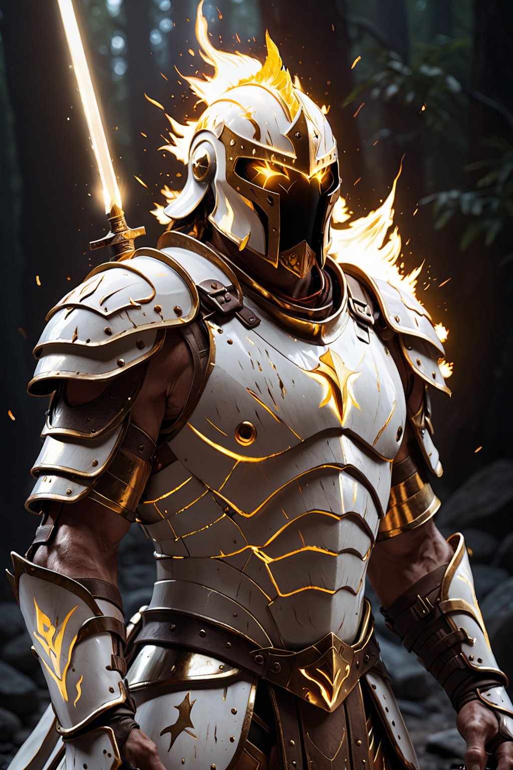 A radiant gladiator in glowing white and yellow armor, reflecting phosphorus's luminosity. His helmet features a flame crest, and he wields a blazing sword. His eyes burn with intensity. The cinematic light creates a fiery ambiance, with sparks and embers floating around, enhancing the sense of power and brilliance.