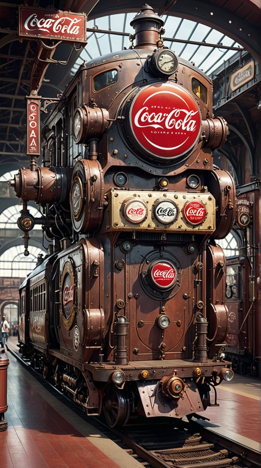 A steampunk-inspired train station, where all the trains are made of different popular soda brands like Coca-Cola, Pepsi, and Dr. Pepper, and the passengers are robots and cyborgs.