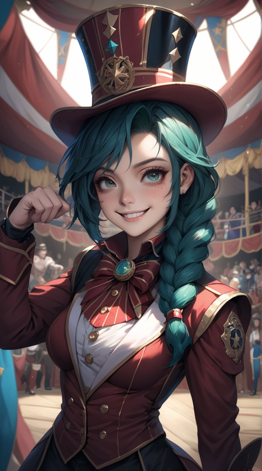 masterpiece, top quality, aesthetic, warrior, circus, ringmaster costume, western style,, torso shot, a few freckles on the nose, long single braided hair, teal green hair, one girl, most beautiful girl, stunningly beautiful girl, gorgeous girl, 20 years old, big amber eyes, smiling