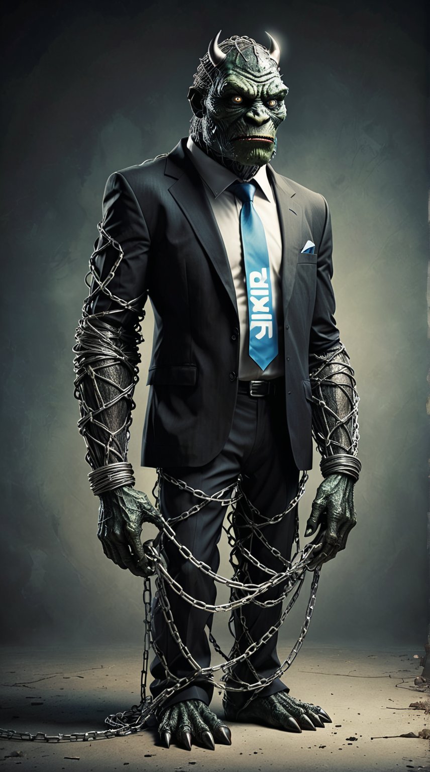 From the austere, digital expanse of professional networks, the LinkedIn monster strides forth, a towering figure of authority and ambition. This creature is clad in a suit of shimmering, interlinked chains, each link representing a connection within the vast professional web. Its face is a polished mask of corporate logos and profile pictures, exuding an aura of competence and drive. Its hands are powerful and claw-like, gripping resumes and business cards with a vice-like strength. The LinkedIn monster's eyes are piercing searchlights, scanning for opportunities and weaknesses in the professional fabric. It moves with calculated precision, each step resonating with the clang of endorsements and recommendations. This entity embodies the relentless pursuit of career advancement and networking, a guardian of aspirations and a gatekeeper of professional success.