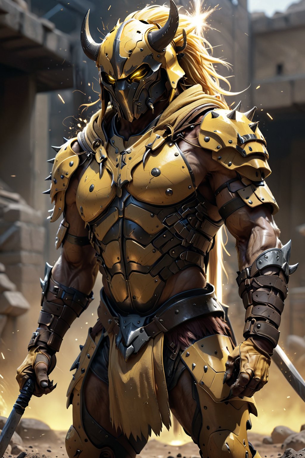 A portrait of a gladiator in sulfur-yellow armor, adorned with spikes. His helmet has an animalistic design, and he wields claw-like weapons. His aggressive stance is amplified by the arena's golden light. Dust and sparks swirl around, adding to the raw, untamed energy of the scene.