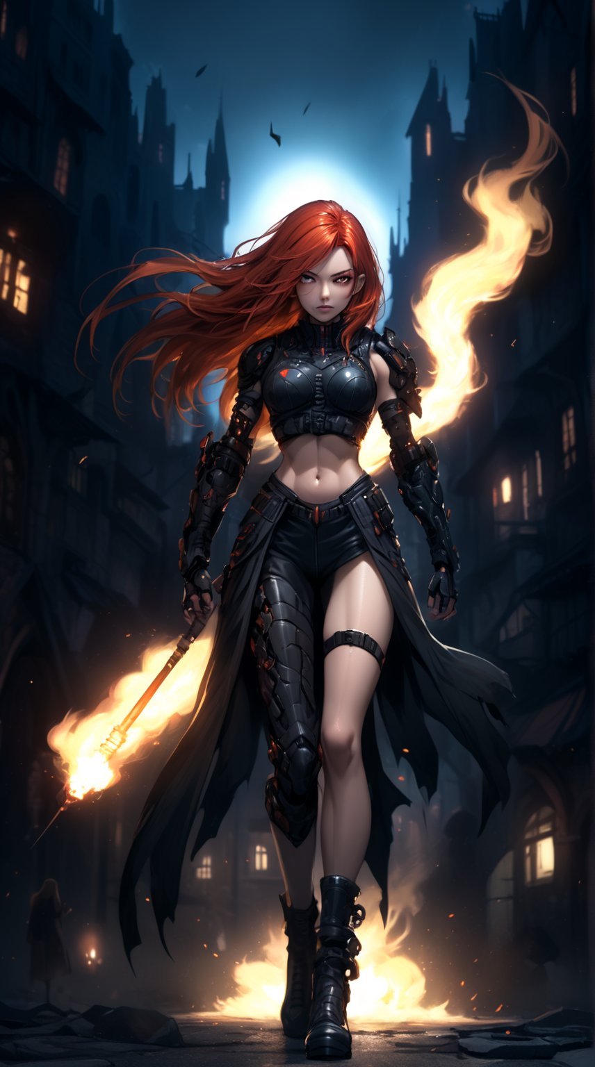 Beautiful young red hair female warrior, orange long hair blowing in wind, full body, frontal view, dresed with a black leather bikini, Black armor with metallic intrincate decorations, intricate details, strong, dynamic posture, full body, intrincate details, in medieval city nigth lit by torches backgoun, cyberpunk style