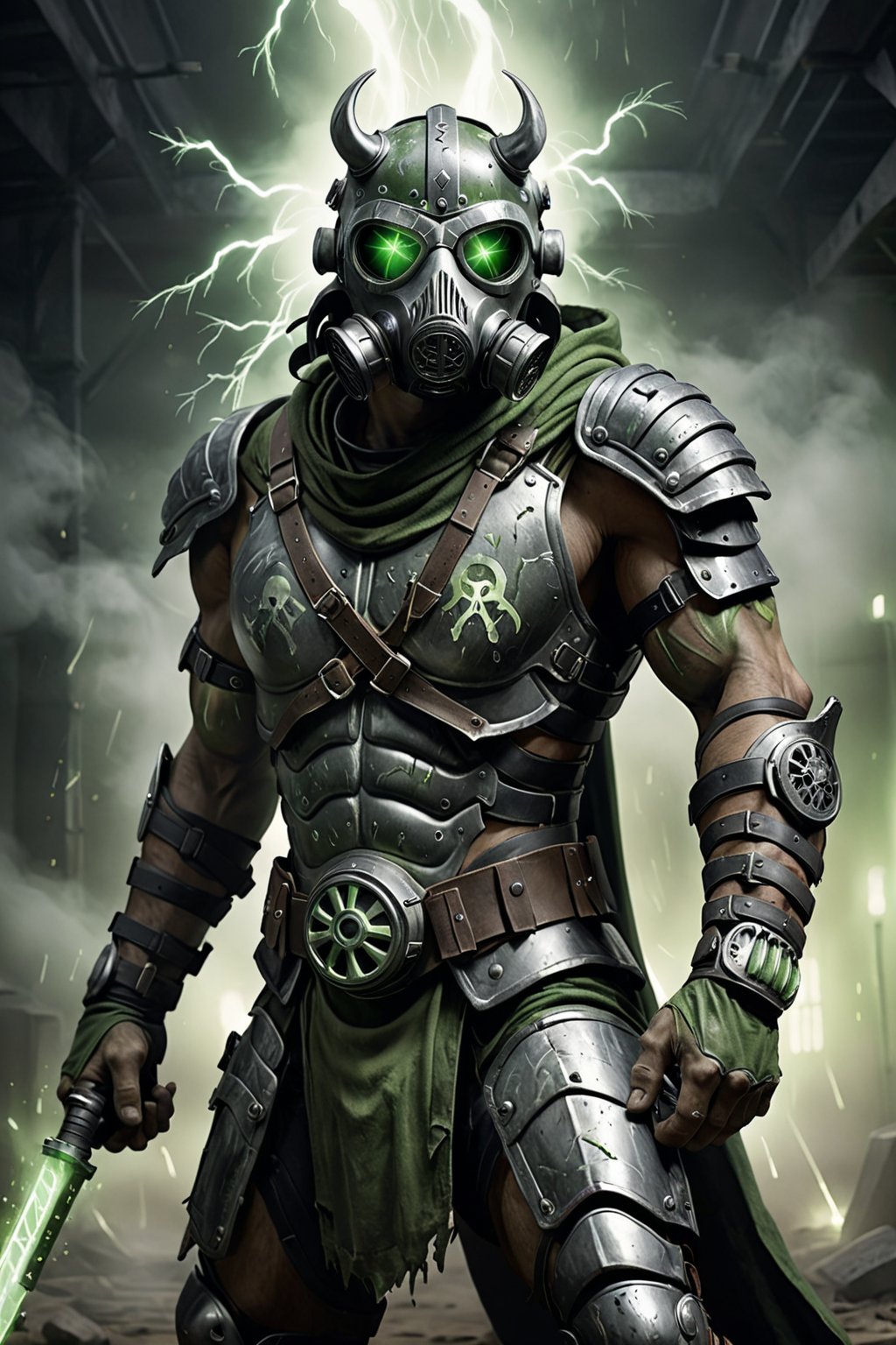 a gladiator in green and silver armor with a toxic appearance. His helmet features a gas mask design, and he wields a long, serrated blade. His menacing eyes are visible through the mask. The green light in the arena enhances the eerie atmosphere, with mist and sparks floating around, emphasizing the hazardous ambiance.