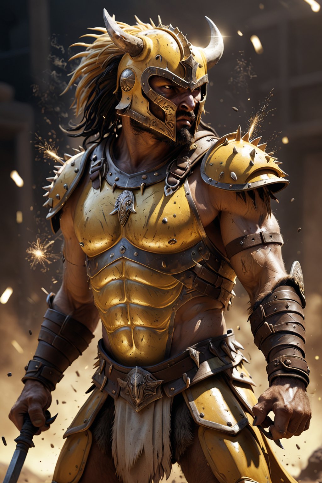 A portrait of a gladiator in sulfur-yellow armor, adorned with spikes. His helmet has an animalistic design, and he wields claw-like weapons. His aggressive stance is amplified by the arena's golden light. Dust and sparks swirl around, adding to the raw, untamed energy of the scene.