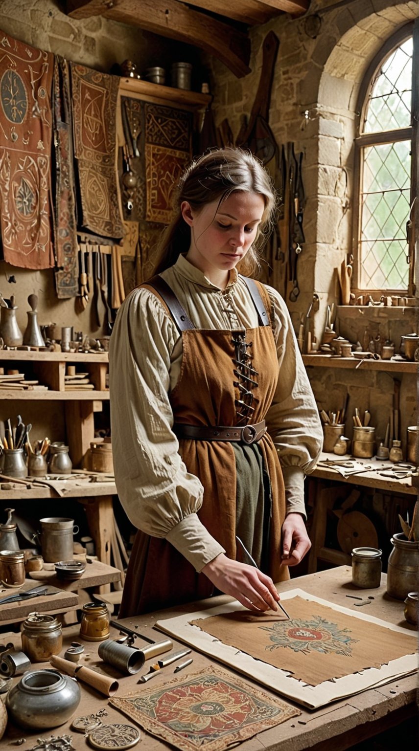 In a secluded medieval atelier, the Pinterest artisan creates masterpieces of inspiration and design. She is dressed in a flowing gown of rich, earthy tones, her apron covered in patches of fabric and sketches. Her workshop is a haven of creativity, with boards filled with plans and ideas for everything from intricate tapestries to grand architectural designs. The artisan’s eyes are filled with a dreamy focus, always searching for the next spark of inspiration. Her hands are skilled and patient, meticulously crafting each piece with care and precision. Around her, a collection of tools and materials awaits, each one a potential piece of her next great project. This artisan embodies the role of Pinterest in medieval society, a visionary creator whose work is a blend of imagination and meticulous craftsmanship, where every project is a journey of inspiration and creativity.