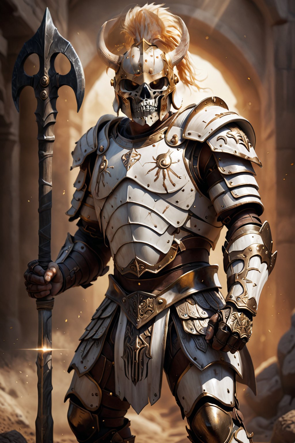 A robust gladiator in bone-white armor with skeletal patterns. His helmet has horned designs, and he wields a heavy mace. Caught in a powerful stance, he radiates strength. Warm, golden light highlights the textures of his armor, while dust and light particles scatter around, adding depth and weight to the image.