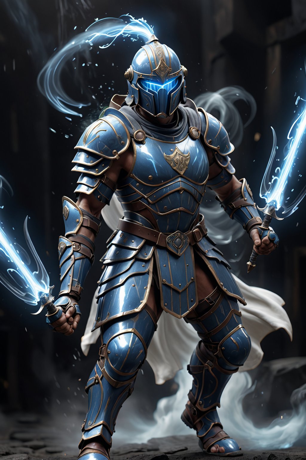 A swift gladiator in shimmering blue armor, representing hydrogen's lightness. His helmet is adorned with vapor streams, and he holds two glowing, curved daggers. Caught in mid-motion, he exudes agility. The cinematic light enhances the gleam of his armor and weapons, with mist and energy particles swirling around, creating a dynamic and fluid atmosphere.