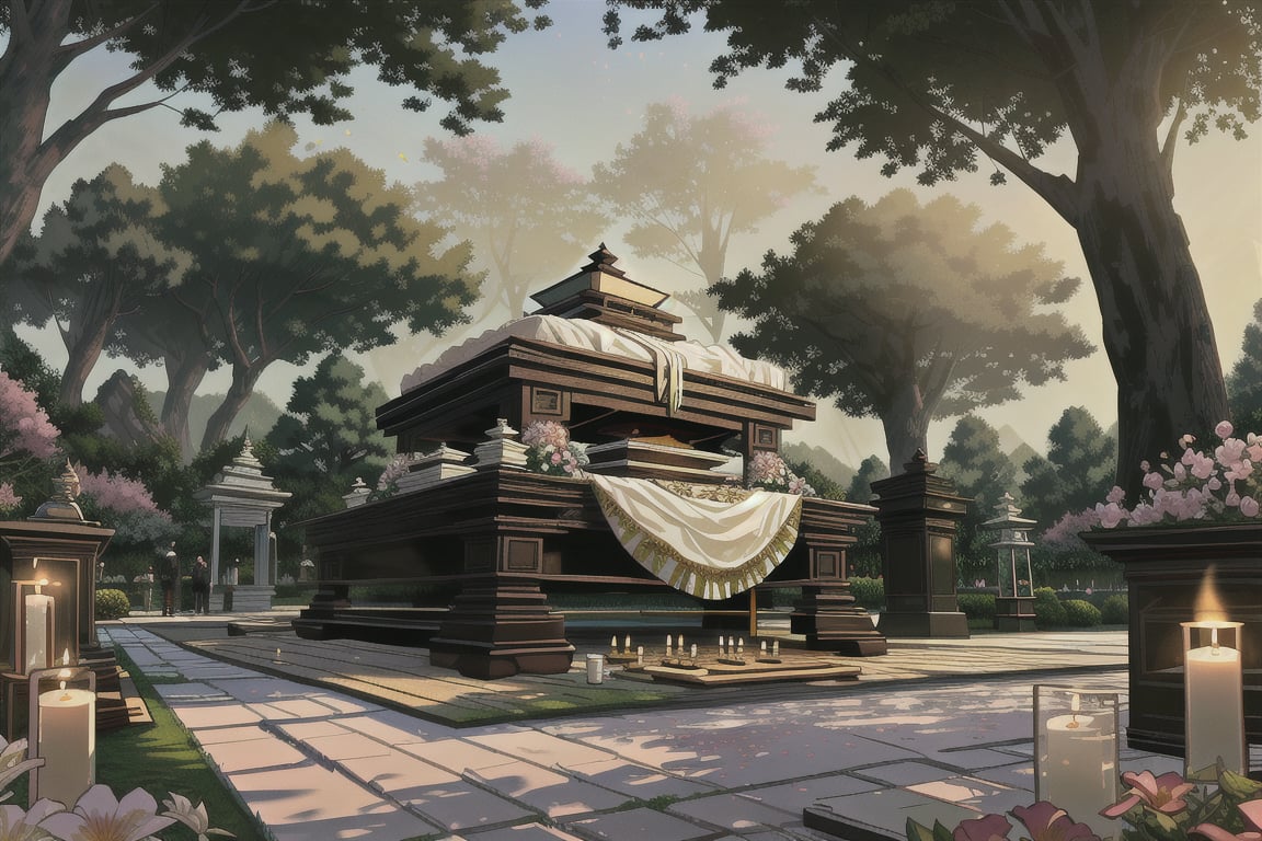 A solemn and respectful cremation scene set in a serene, landscaped outdoor crematorium. The setting is surrounded by greenery, with tall trees and flowering plants creating a peaceful and natural environment. The area is quiet and secluded, providing a sense of privacy and tranquility.

In the center of the scene is a traditional cremation pyre made of wood, carefully constructed and ready for the cremation process. The deceased, respectfully covered in a white shroud, lies atop the pyre. Floral garlands and offerings, such as incense sticks and small bowls of rice, are placed around the pyre as a mark of respect and tradition.

A gentle, natural light filters through the trees, casting soft shadows and enhancing the serene atmosphere. The sky above is clear, with a warm, golden hue suggesting either early morning or late afternoon, adding to the sense of peace and reverence.

The background includes a few mourners, standing at a respectful distance, some with folded hands and others with bowed heads, silently paying their respects. There is a sense of stillness and solemnity, with the gentle rustle of leaves and distant sounds of nature being the only audible elements.