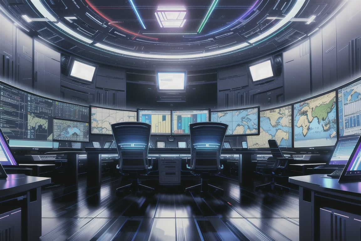 A high-tech control room filled with eight large screen computers, each displaying different sets of data, graphics, and real-time information. The room is designed with a sleek, modern aesthetic, featuring state-of-the-art equipment and a sophisticated layout. Each of the big screens is mounted on the walls or positioned on sturdy desks, arranged in a semi-circle to allow easy access and visibility.

The screens display a variety of content, including complex data visualizations, security camera feeds, detailed maps, and real-time system monitoring. The glow from the screens casts a vibrant, multi-colored light across the room, creating a dynamic and intense atmosphere.

The room is filled with advanced tech gadgets, control panels, and ergonomic chairs designed for long hours of monitoring and analysis. The floor is covered with a high-quality carpet, and the walls are adorned with soundproofing panels to ensure a quiet and focused environment. The lighting is low, with the primary illumination coming from the screens and a few strategically placed overhead lights.