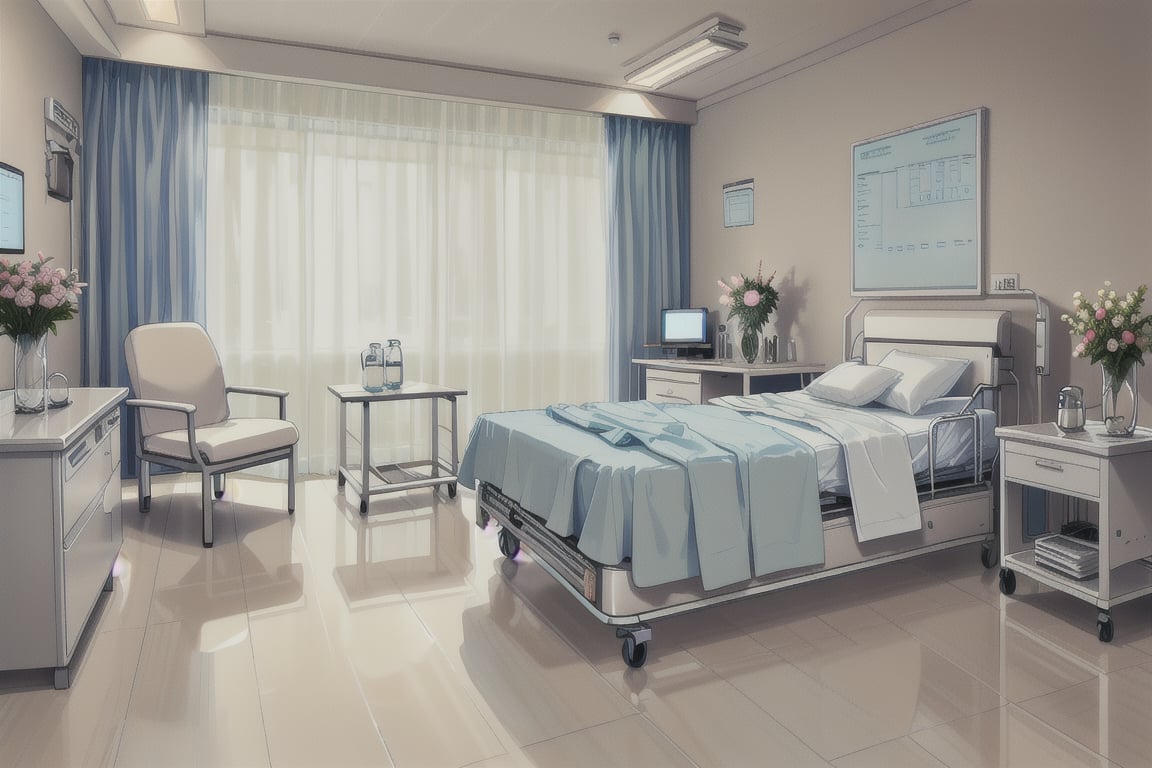 A clean and sterile hospital bedroom, meticulously organized and prepared for a new patient. The room features a single hospital bed in the center, neatly made with crisp white sheets, a light blue blanket, and several pillows arranged for comfort. The bed has adjustable side rails and is equipped with electronic controls for adjusting its position.

The background includes light-colored walls with a few medical charts and a digital clock mounted on them. A large window with closed blinds lets in soft, diffused natural light, creating a calming atmosphere. Next to the bed, there is a small bedside table with essential items such as a water pitcher, a cup, a call button, and a few personal care products.

The room also contains medical equipment like an IV stand, a heart monitor, and a small rolling cart with medical supplies neatly organized. There is a comfortable chair for visitors placed near the window, along with a small table holding a vase with fresh flowers, adding a touch of warmth to the clinical environment.

The floor is covered with a clean, light-colored linoleum, and there are subtle signs of frequent cleaning, ensuring a hygienic setting. Overhead, soft ambient lighting illuminates the room, complementing the natural light from the window.