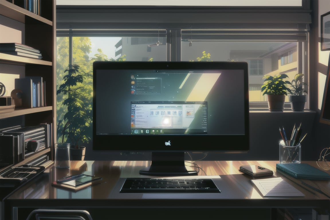 A modern computer, with a sleek and slim design, is positioned on a clean and organized desk. The screen prominently displays a video call interface, showing multiple participants in small video windows, each engaged in conversation. The primary video window shows a "on call"
word
The background behind the computer screen includes typical office or home office elements, such as a bookshelf filled with books and decor items, a potted plant, and a window letting in natural light. The desk itself has a few essential items like a notebook, a coffee mug, and a pen holder, adding to the realistic setting.

The lighting is bright and natural, illuminating the computer screen and the surrounding area, creating a comfortable and professional atmosphere. The screen reflects a mix of natural and artificial light, highlighting the clarity of the video call.