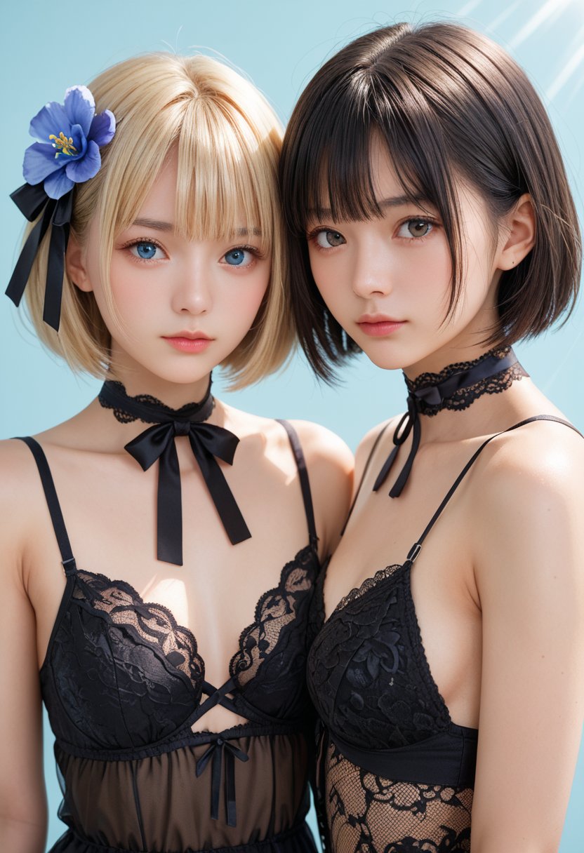 score_9,score_8_up,score_7_up,8k,hd,2girl,flower,short hair,black hair,ribbon,collarbone,bare shoulders,closed mouth,choker,lips,blue flower,black ribbon,neck ribbon,lace,lace trim,blue background,bob cut,petals,facing viewer,covered eyes,black lingerie, black panties,hair flower,ribbon choker,bangs,sunlight,two girls, topless,