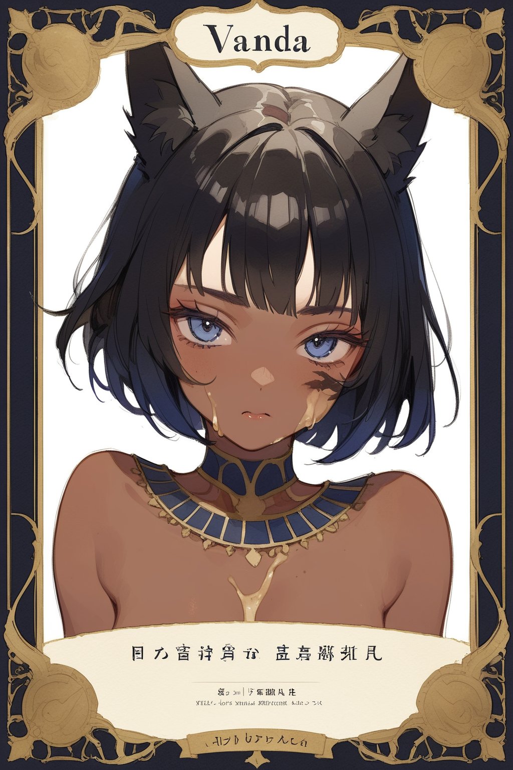 ((a character card with frame design and name "Vanda")):1.4, cozy ,masterpiece, best quality, aesthetic, (perfect eyes, perfect anatomy, perfect face, perfectly drawn face, detailed face, detailed body):1.5, scenery, 1  Egyptian girl, nude,  ((black short straight hair)):1.1 ,(brown skin) , screenton, sad, crying ,  (worn fox ears) ,((poo from anal:1.4)) , surround by death pigs, spraying poo,  watercolor, in the village of Abu Simbel, 