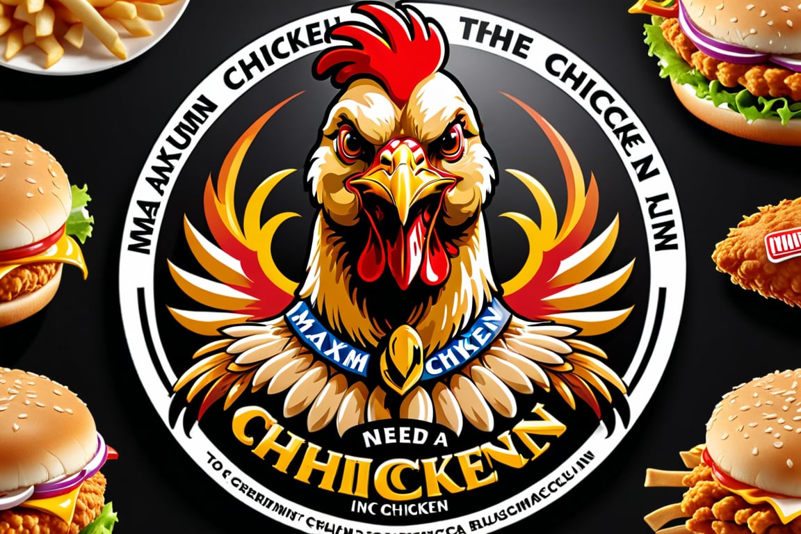 Highly detailed, high quality, masterpiece, beautiful, 
I need a logo with a chicken in the background that says maximum chicken in the image, that is attractive and eye-catching. The image is of fast food promoting chicken