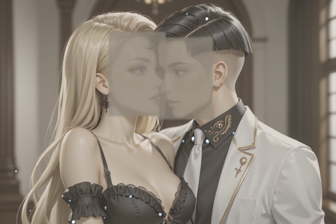 Highly detailed, high quality, masterpiece, beautiful. 1 man (white, black hair with thick lips, buzz cut), 1 girl (white, blonde, long hair, petite, with brown eyes), white Latinos, black clothes, gothic couple,