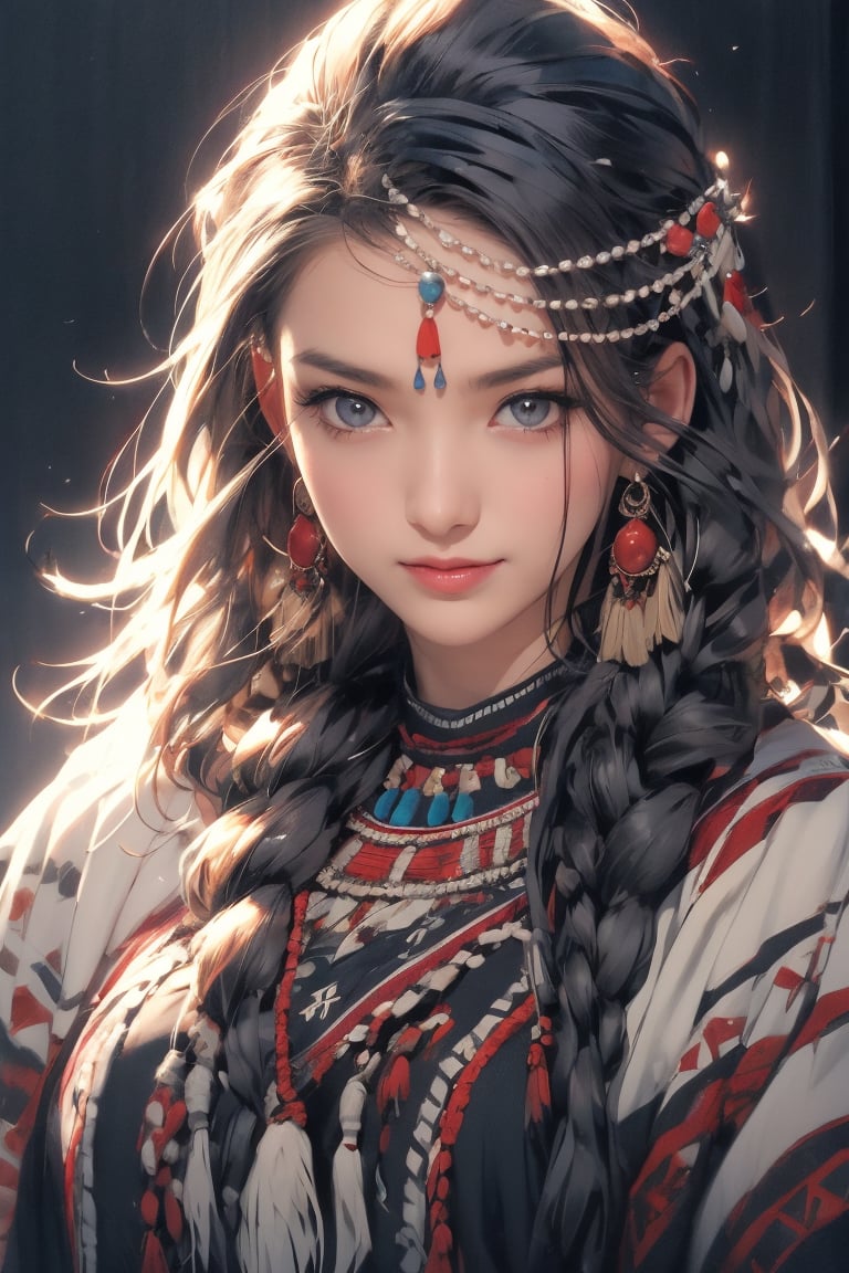 4k,best quality,masterpiece,20yo 1girl,(traditional Cherokee Indian costume, alluring smile, head ornaments 

(Beautiful and detailed eyes),
Detailed face, detailed eyes, double eyelids ,thin face, real hands, muscular fit body, semi visible abs, ((short hair with long locks:1.2)), black hair, black background,


real person, color splash style photo,
