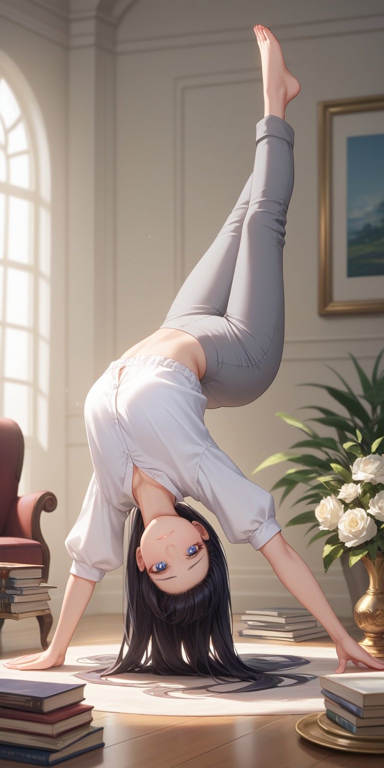 score_9, score_8_up, score_7_up, score_6_up, score_5_up, score_4_up,source_anime,

1 woman, performing a handstand, solo, (30yo), flexible, strong, beautiful detailed eyes, long black hair flowing down her back, white shirt, grey pants, white surface, elegant, balance, determination, detailed background, depth of field, realistic, soft lighting, best quality,masterpiece