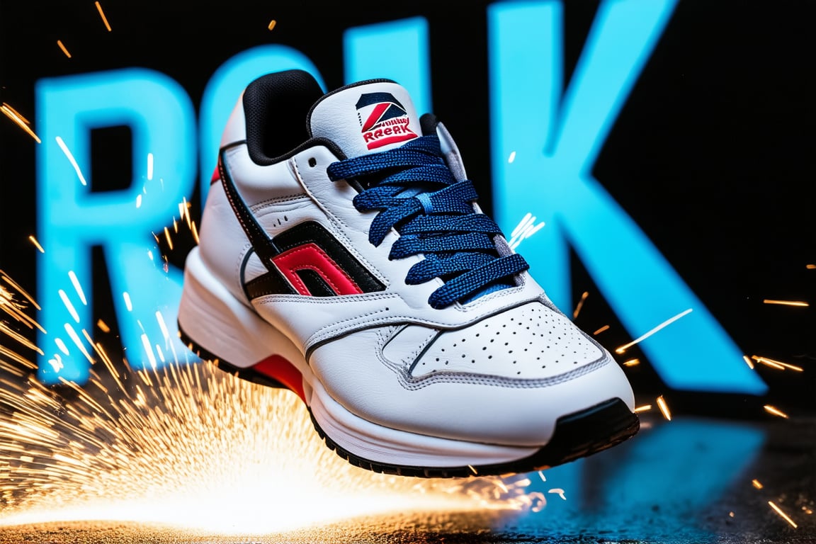 commercial of a reebok shoe, cinematic image, high perspective, shoe flying into camera, sparks on background, big letters "RBK', text "RBK", white leather shoes with black and red accents, laces are bright blue, advertisment screaming for attention