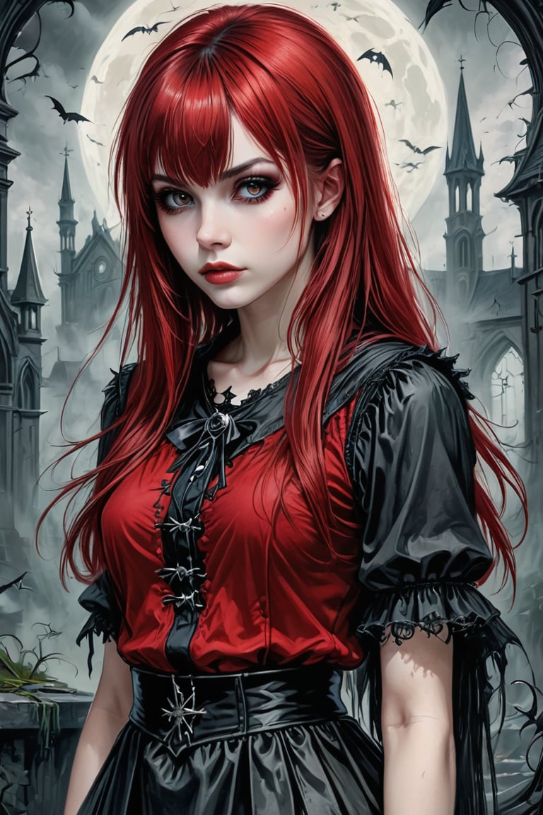 (best quality, 4K, 8K, high-resolution, masterpiece), sharp,ultra-detailed, realistic, photorealistic, woman, long hair, looking at viewer, colored hair, bangs, pale skin, emo, goth, gothic girl, spooky background, red top