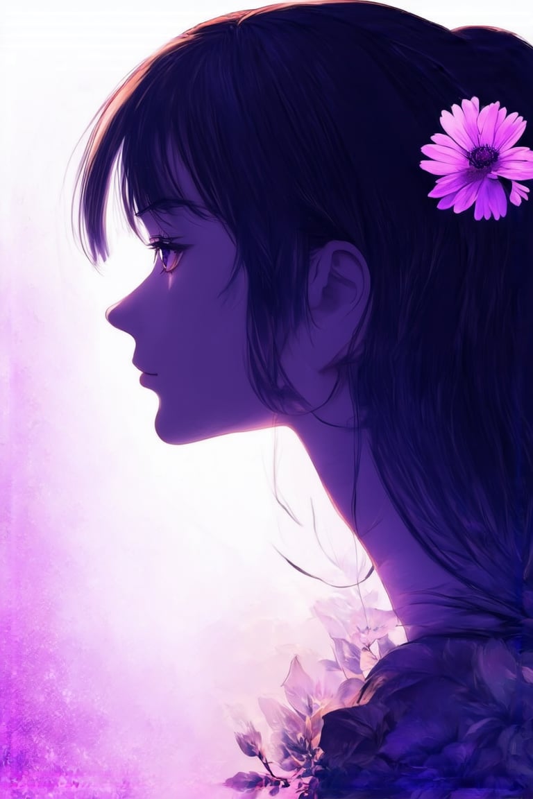 anime style,
masterpiece,silhouette of a woman in profile. Inside the silhouette you can see the double exposure with a flower, masterpiece, ((double exposure)), proportional